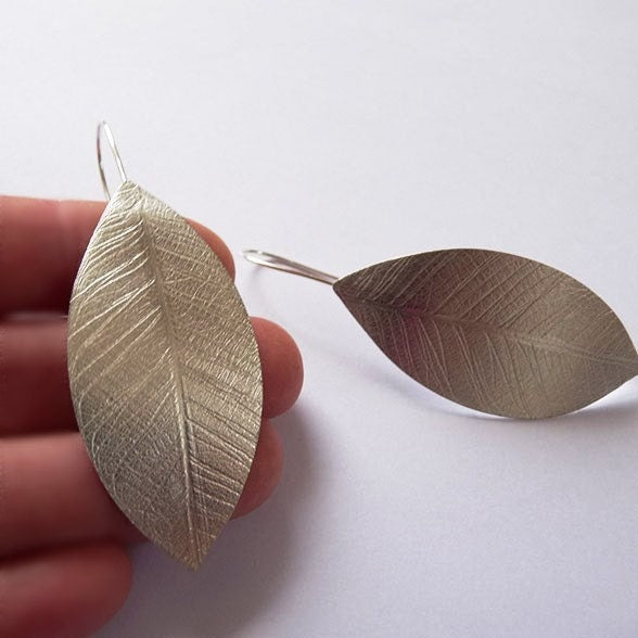 Artisan large leaf sterling silver earrings. Made to order.
