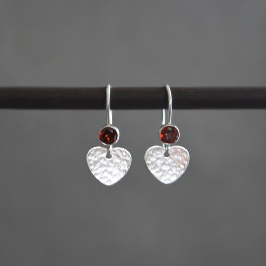 garnet sterling silver earrings with a textured heart