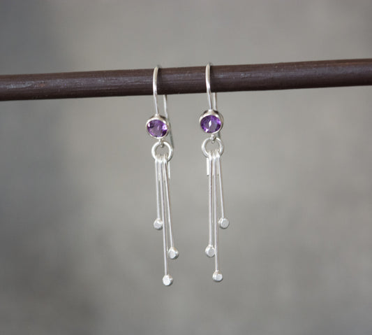 Amethyst birthstone sterling silver dangle earrings.