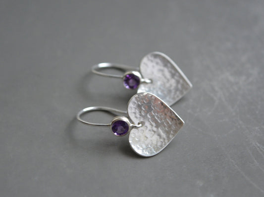 Amethyst sterling silver hammered heart drop earrings.