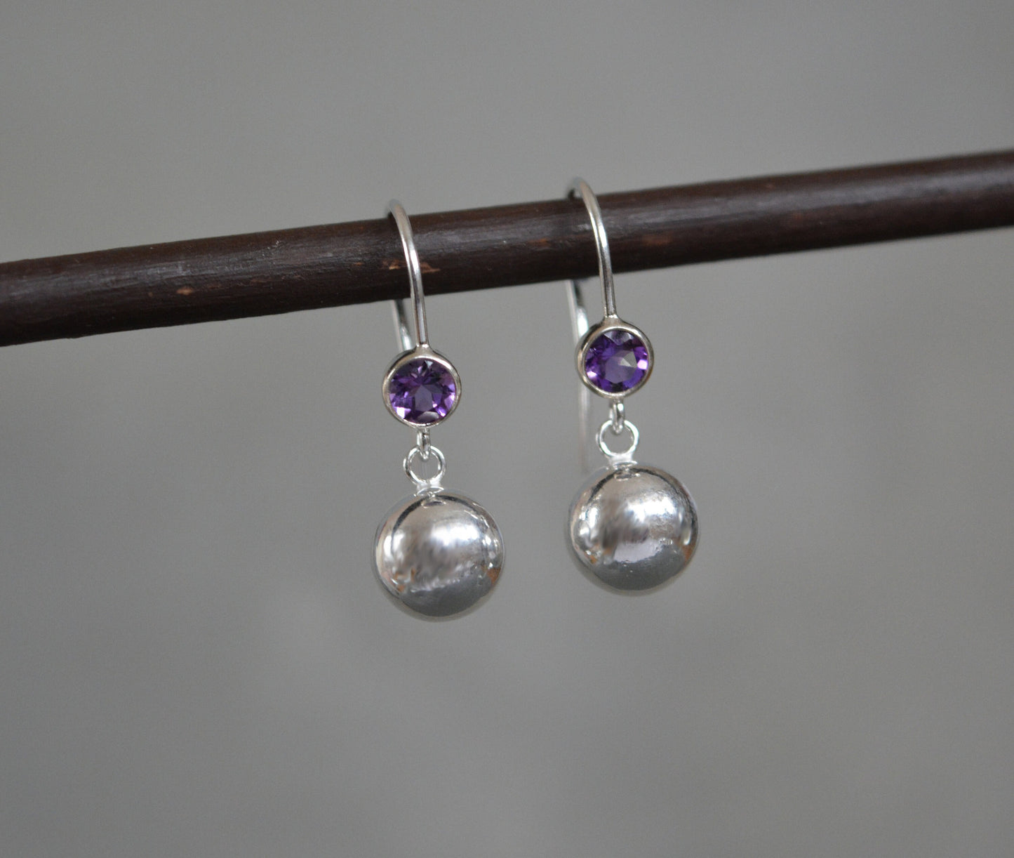 Amethyst sterling silver ball earrings. February birthstone earrings.