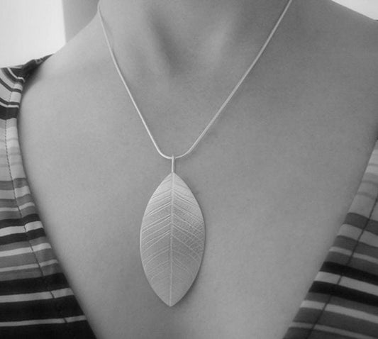 Large sterling silver leaf necklace.