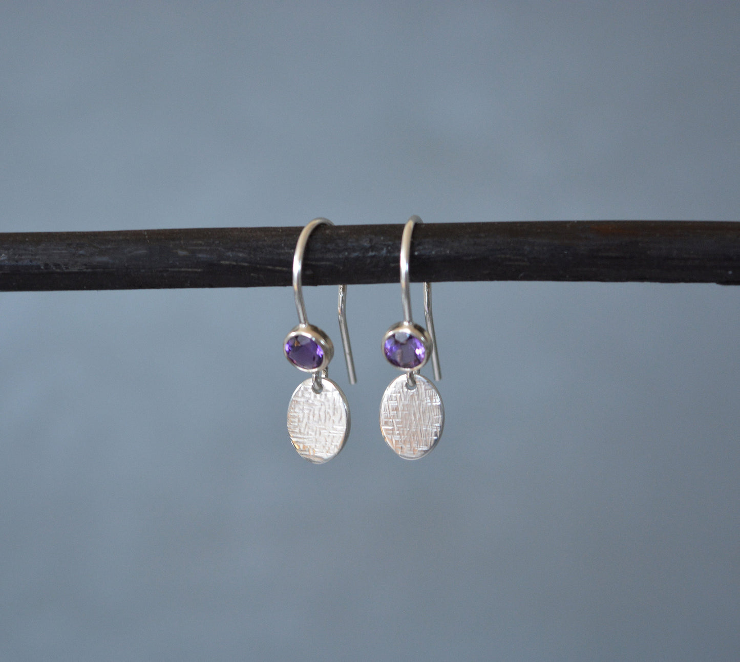 Amethyst sterling silver earrings, hammered oval charm. February birthstone earrings.