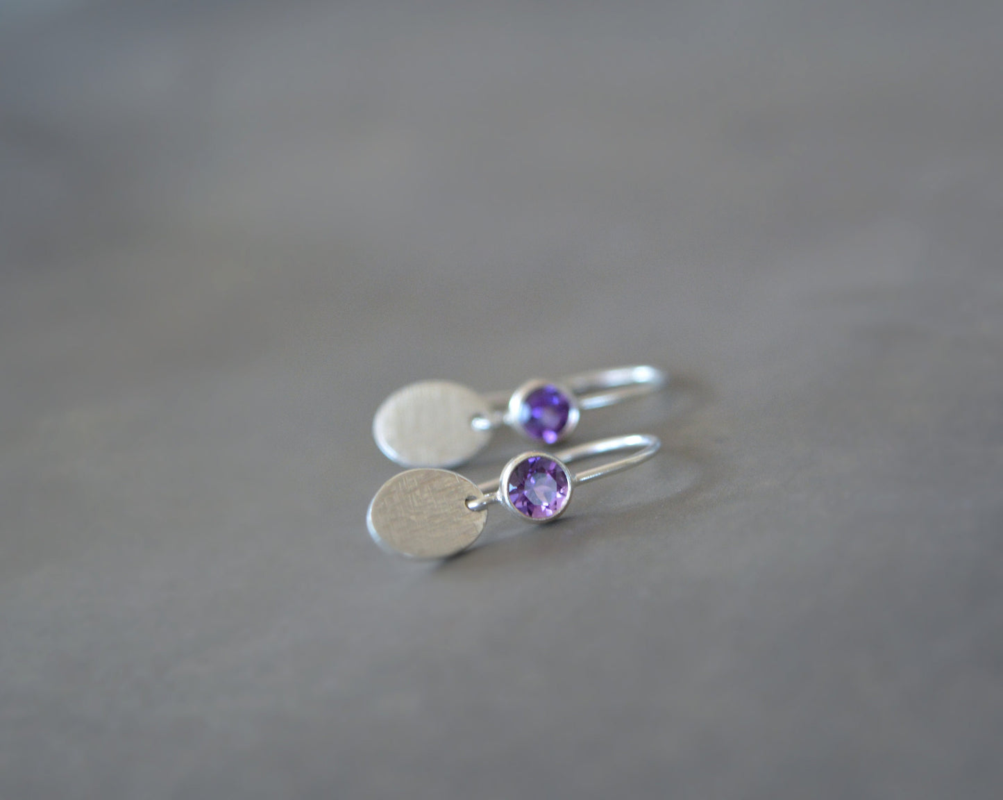 Amethyst sterling silver earrings, hammered oval charm. February birthstone earrings.