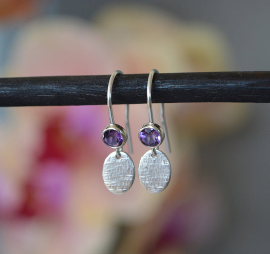 Amethyst sterling silver earrings, hammered oval charm. February birthstone earrings.
