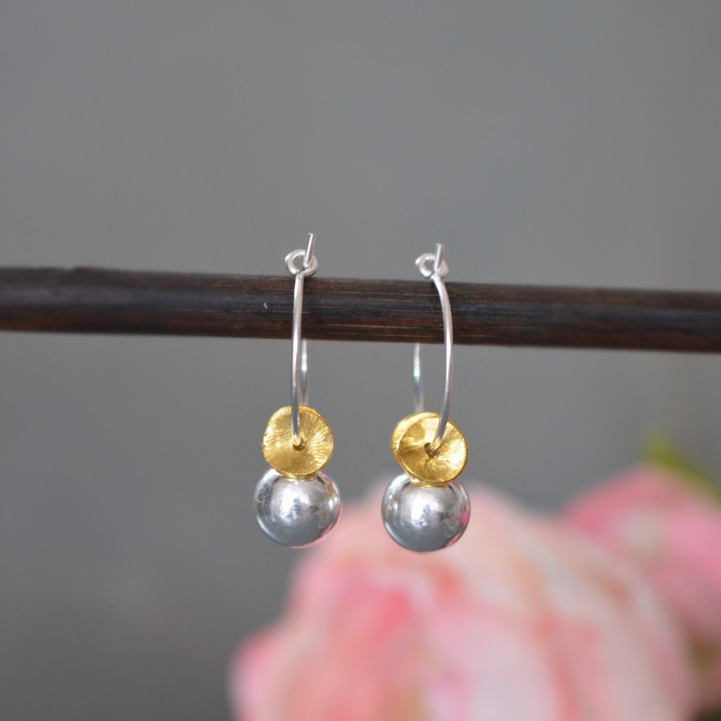 sterling silver ball and gold vermeil twisted discs hoop earrings