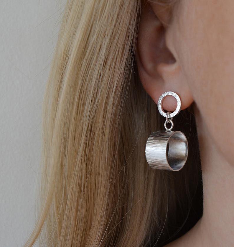 Artisan oxidised sterling silver circle stud earrings.