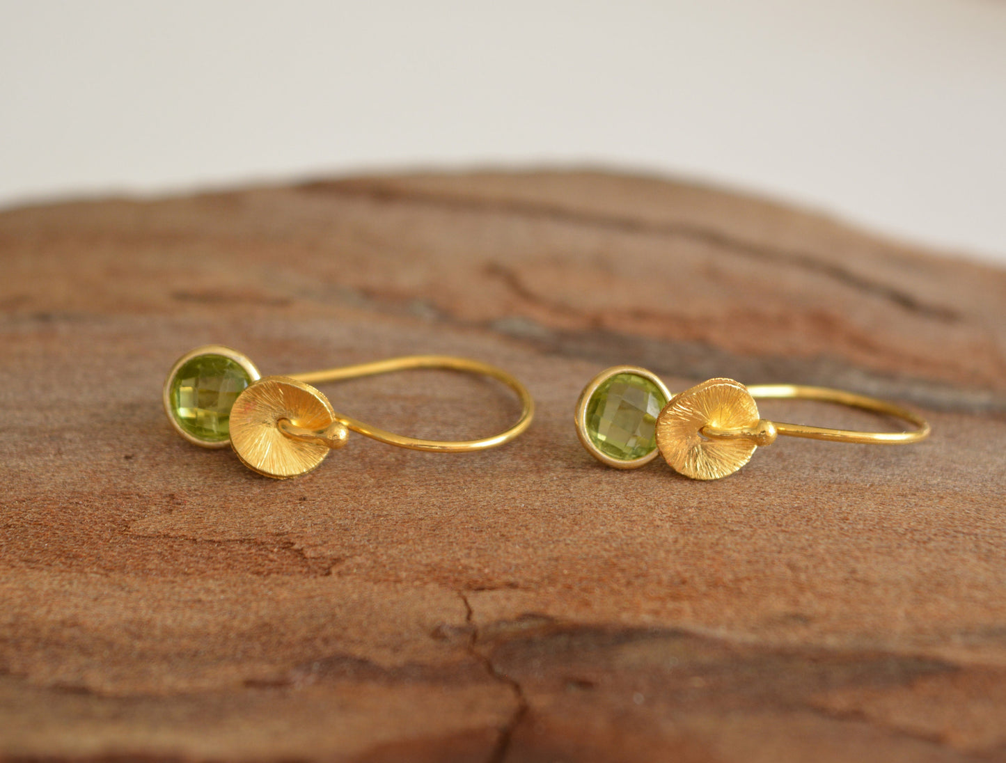 24k gold vermeil and peridot earrings. August birthstone earrings.