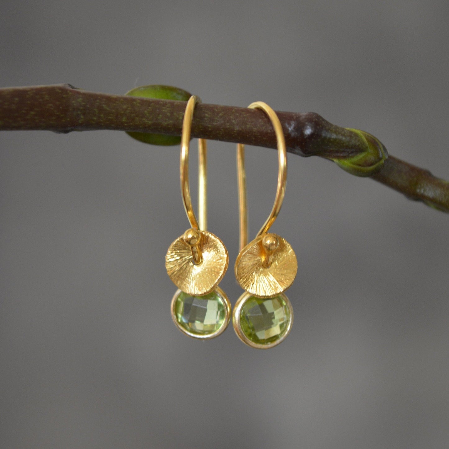 24k gold vermeil and peridot earrings. August birthstone earrings.