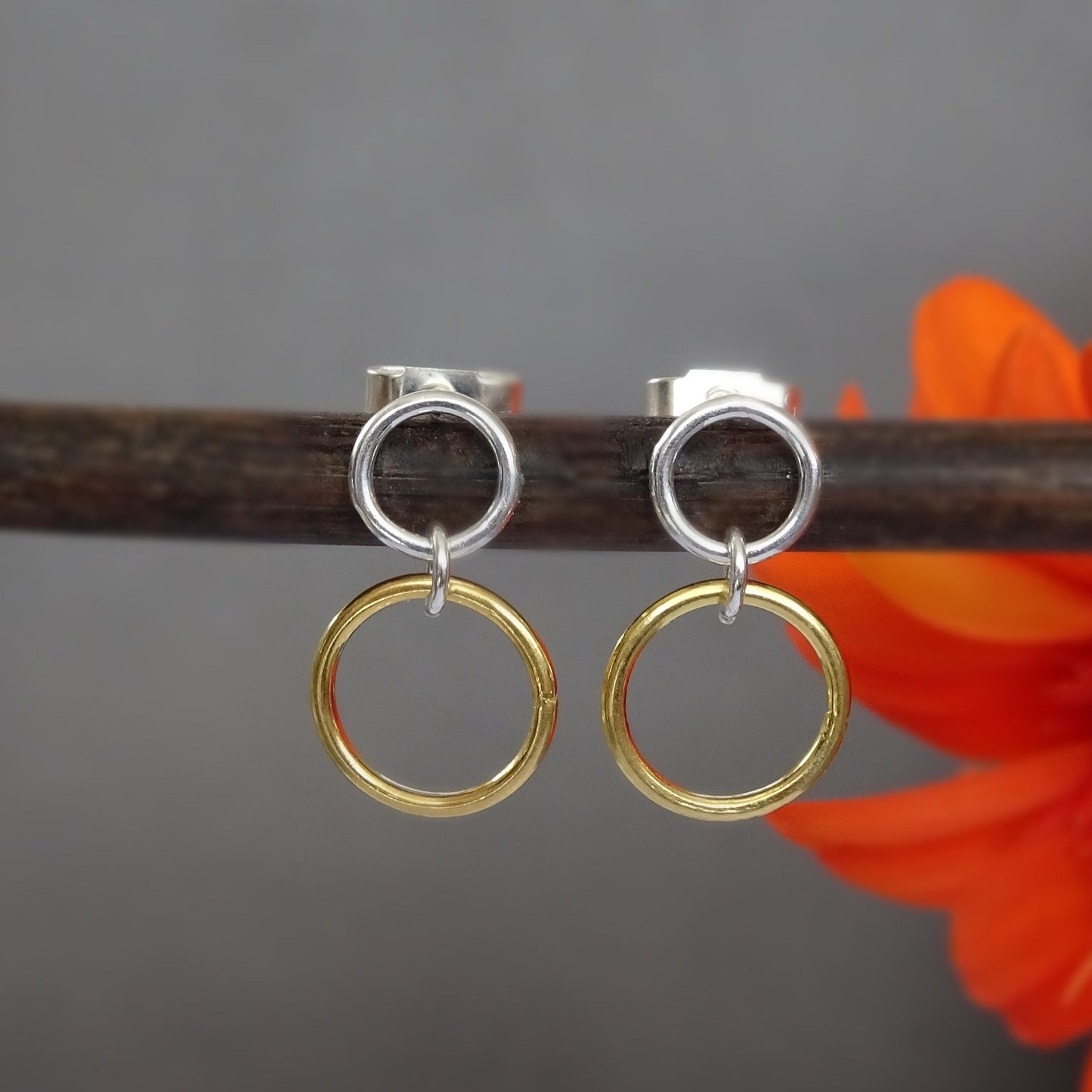 sterling silver and gold vermeil two circle stud earrings