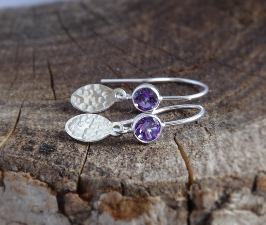 Amethyst February birthstone sterling silver earrings, hammered dangle ovals.