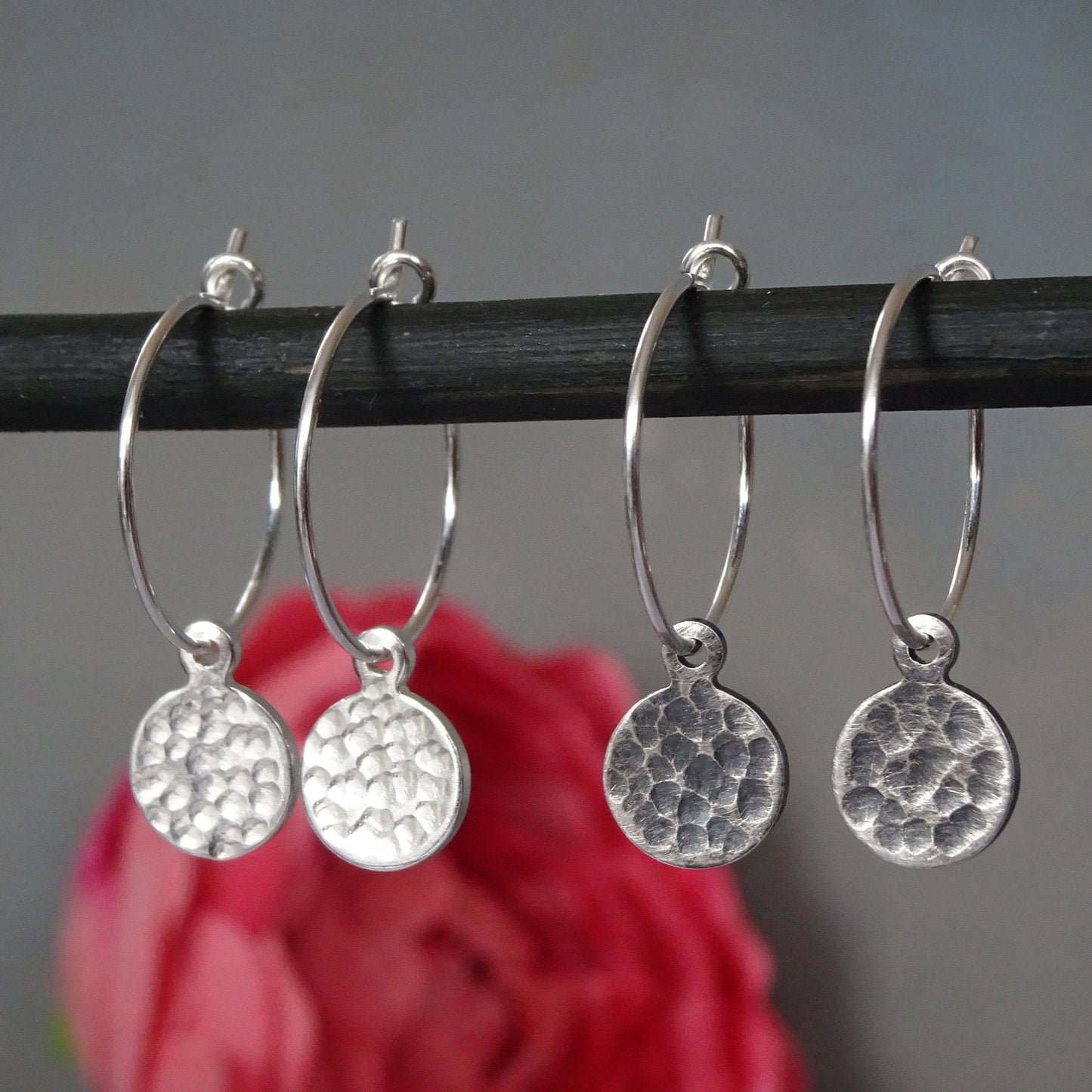 small sterling silver textured disc hoop earrings