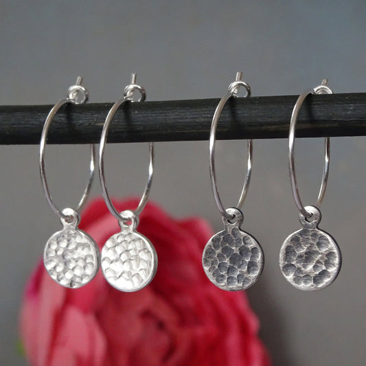 small sterling silver textured disc hoop earrings
