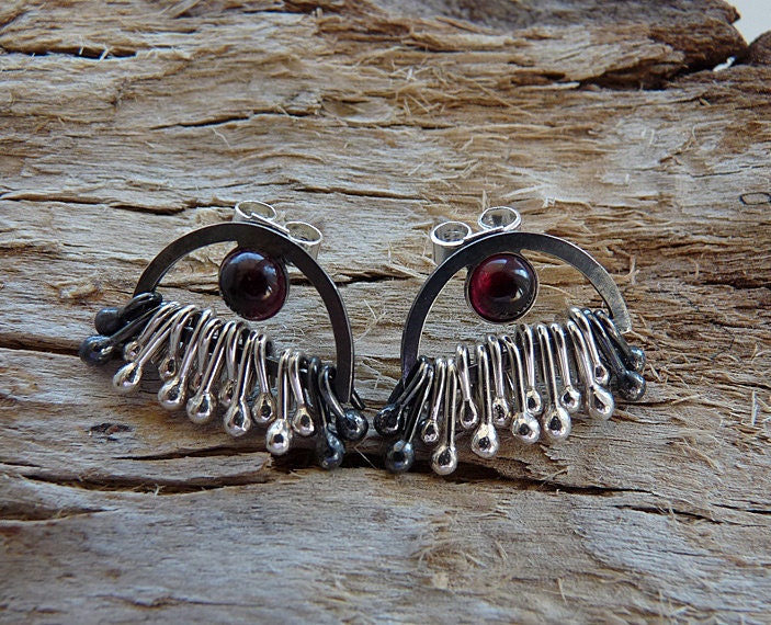 Garnet sterling silver dangle stud earrings. Made to order.