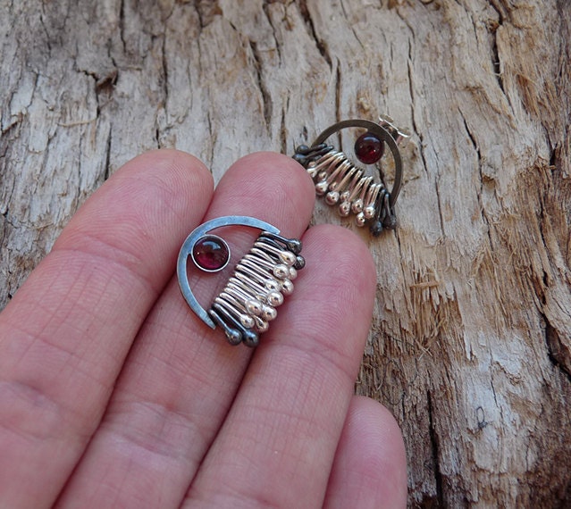 Garnet sterling silver dangle stud earrings. Made to order.
