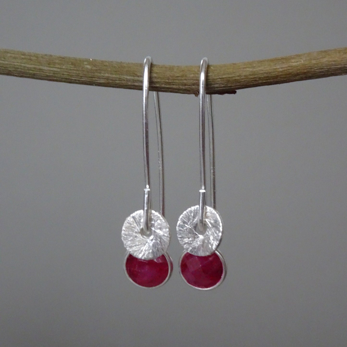 Ruby sterling silver dangle earrings. July birthstone earrings.
