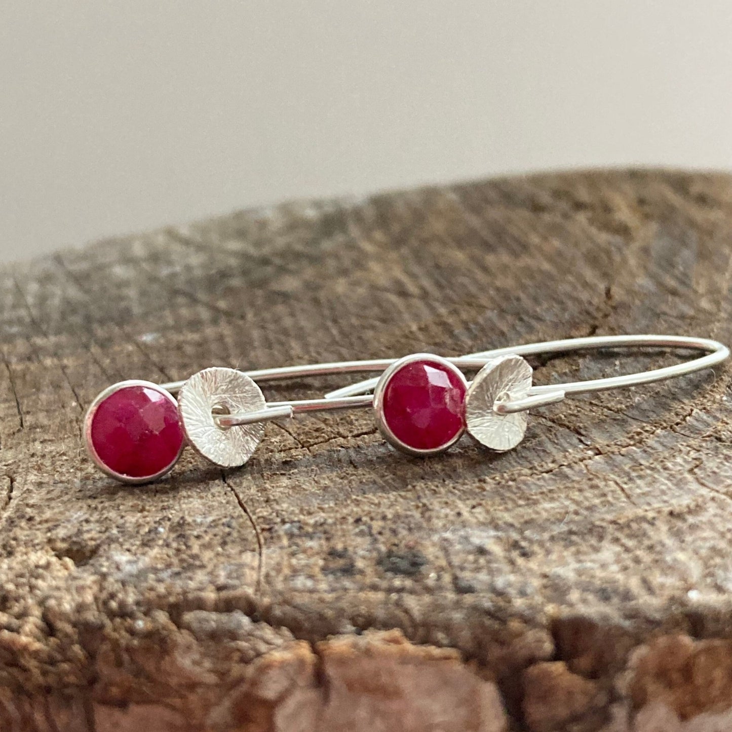 Ruby sterling silver dangle earrings. July birthstone earrings.