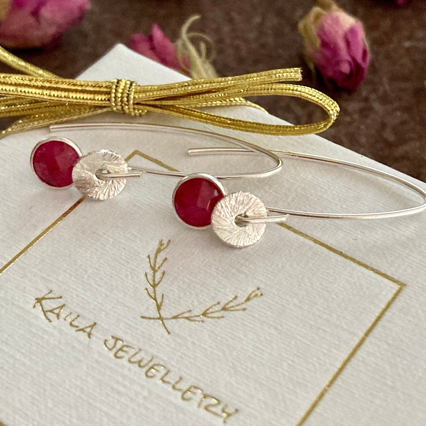 Ruby sterling silver dangle earrings. July birthstone earrings.