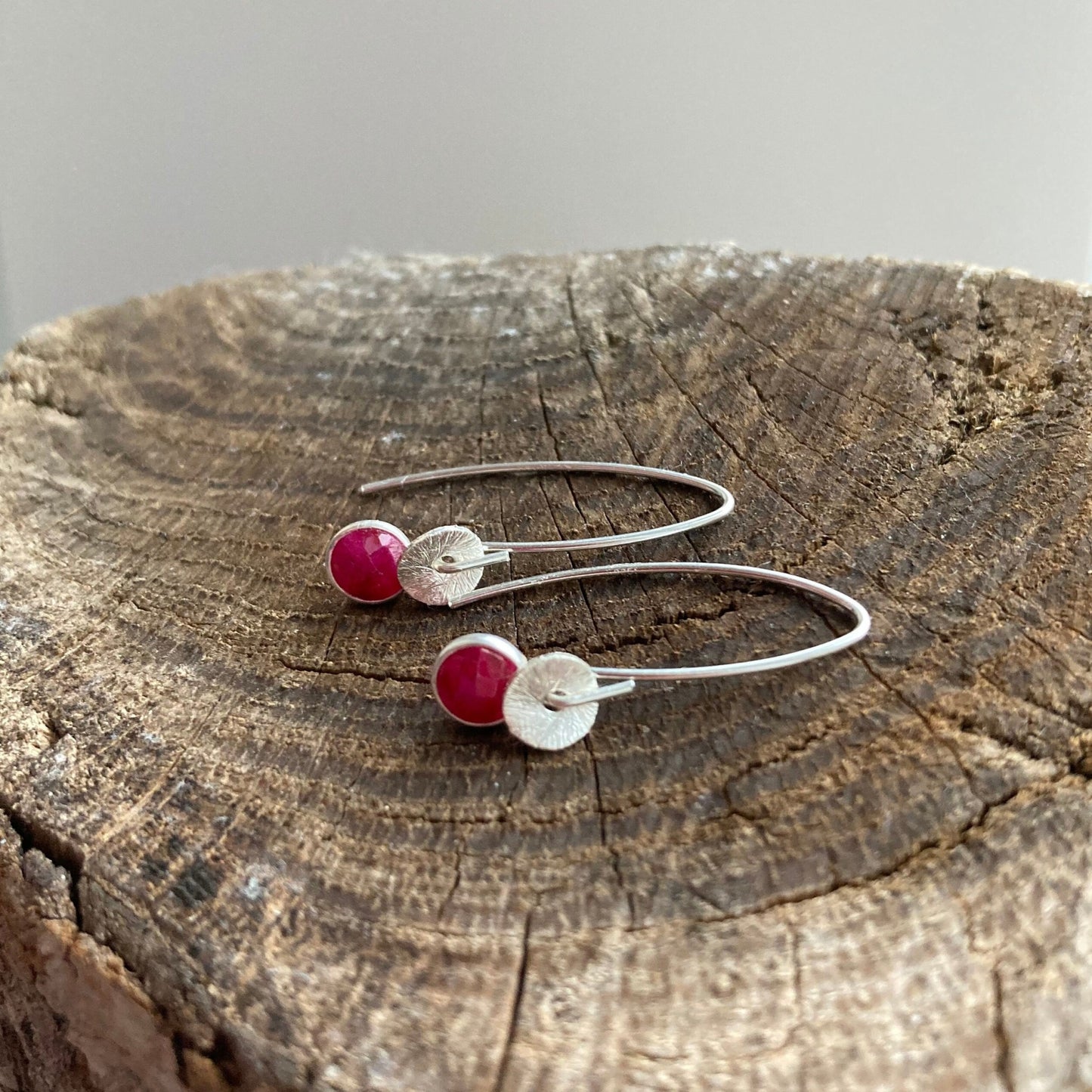 Ruby sterling silver dangle earrings. July birthstone earrings.