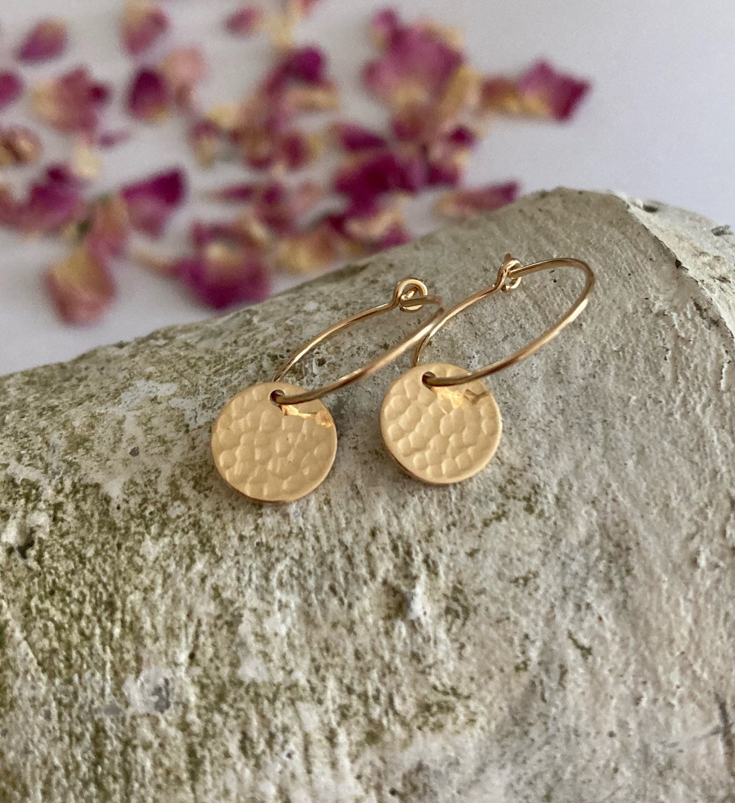 14k Gold filled hammered disc hoop earrings.