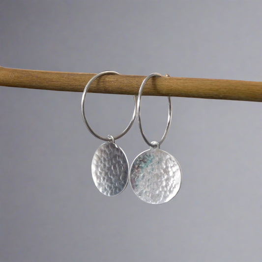 hammered  sterling silver disc hoop earrings