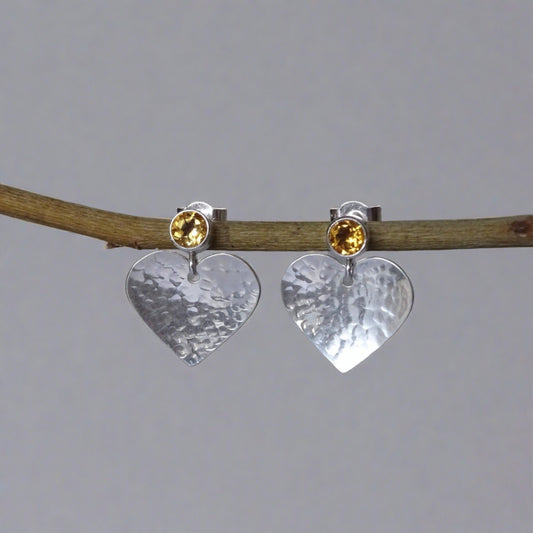 Citrine sterling silver heart stud earrings