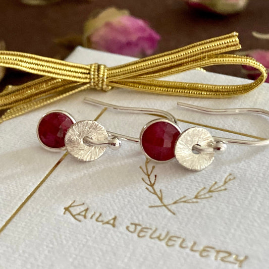 Sterling silver dangle ruby earrings. July birthstone earrings.