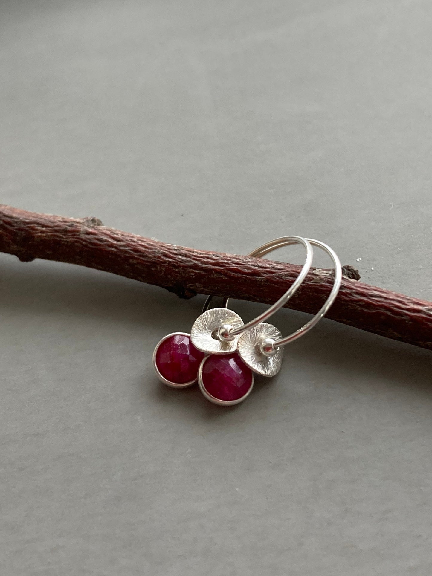 Ruby sterling silver hoop earrings. July birthstone earrings