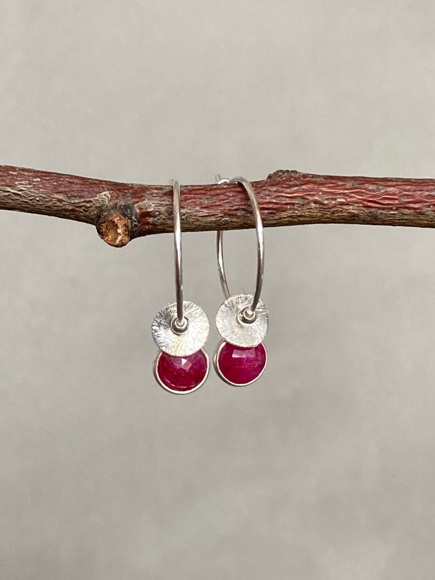 Ruby sterling silver hoop earrings. July birthstone earrings