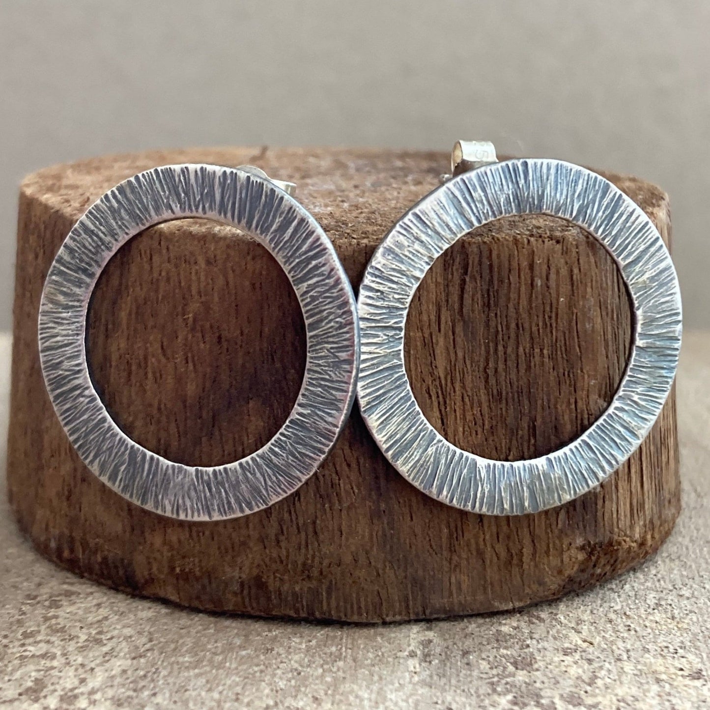 Large oxidised sterling silver hammered circle stud earrings