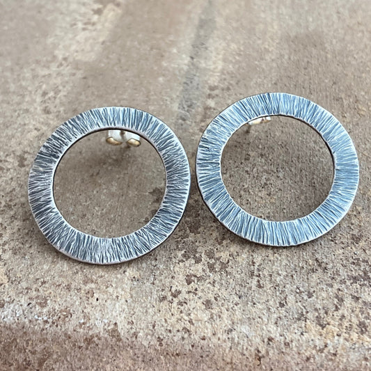 Large oxidised sterling silver hammered circle stud earrings