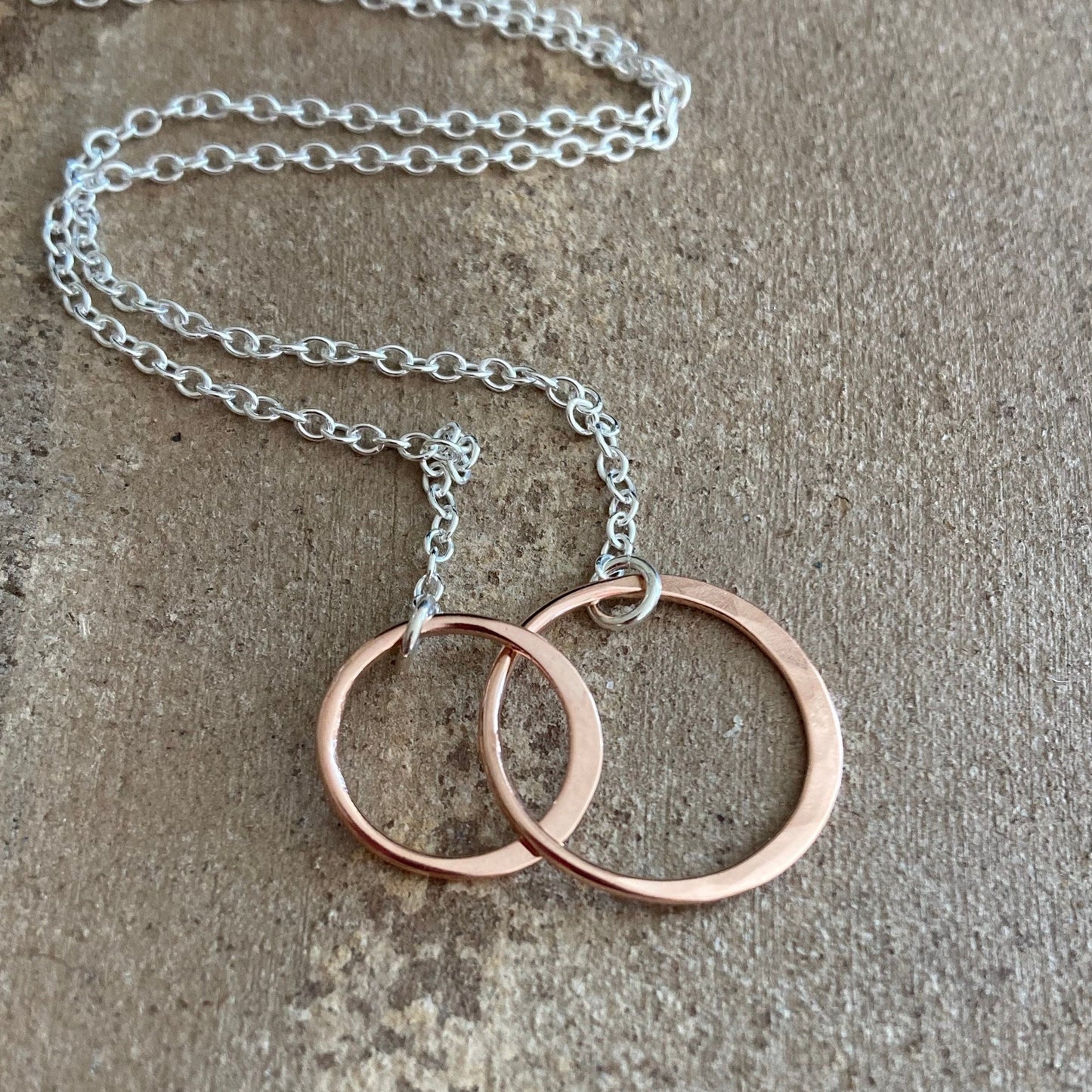 18k rose gold vermeil two circles, sterling silver chain necklace