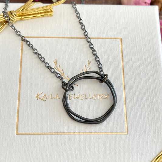 oxidised sterling silver two circle necklace