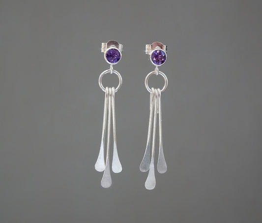 Amethyst sterling silver dangle stud earrings. February birthstone earrings.