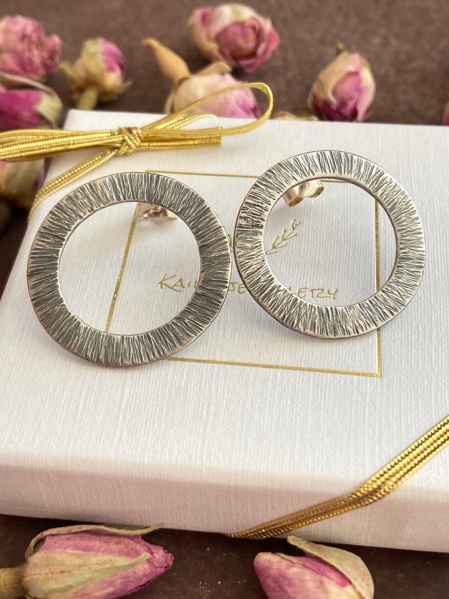 Large oxidised sterling silver hammered circle stud earrings.