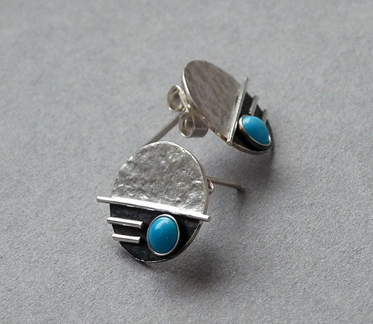 Turquoise sterling silver oxidised textured disc earrings.