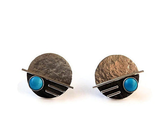 Turquoise sterling silver oxidised textured disc earrings.