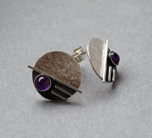 Amethyst sterling silver disc stud earrings.