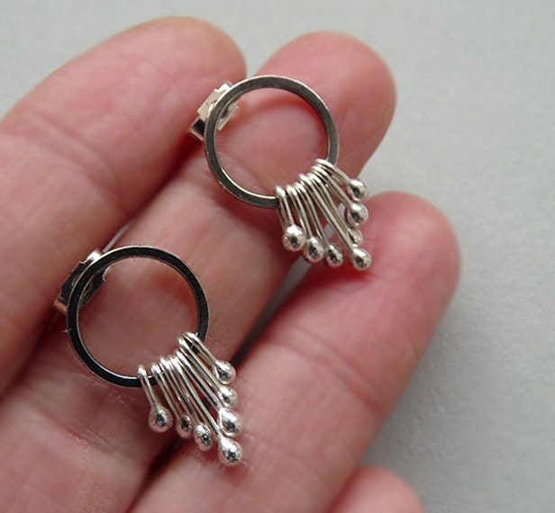 Sterling silver oxidised circle dangle studs.