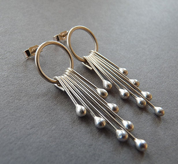 Sterling silver circle and droplets stud earrings.