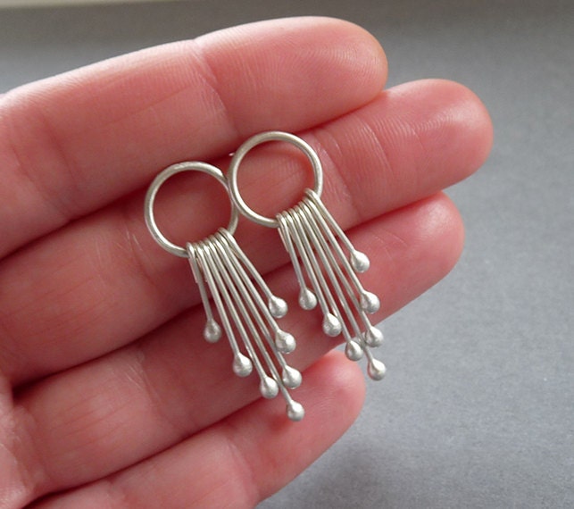 Sterling silver circle and droplets stud earrings.