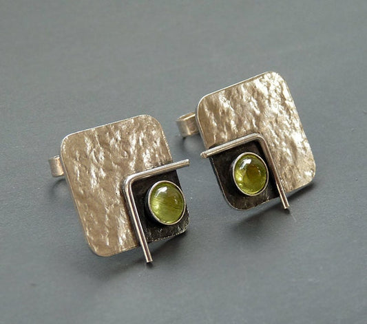 Peridot August birthstone, square sterling silver oxidised stud earrings. Made to order.