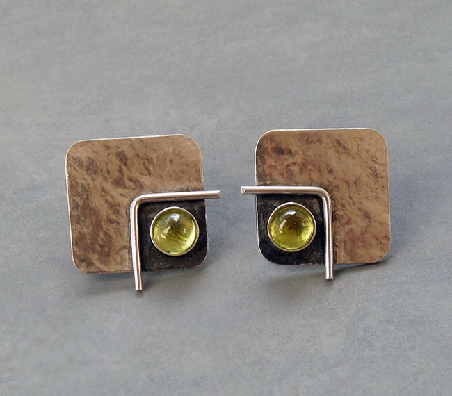 Peridot August birthstone, square sterling silver oxidised stud earrings. Made to order.