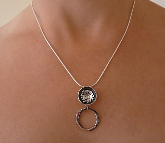 Handmade oxidised sterling silver bowl pendant necklace.