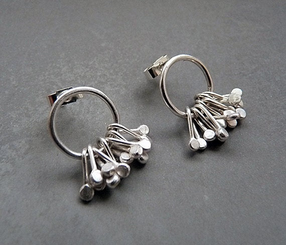 Sterling silver circle and droplets stud earrings.