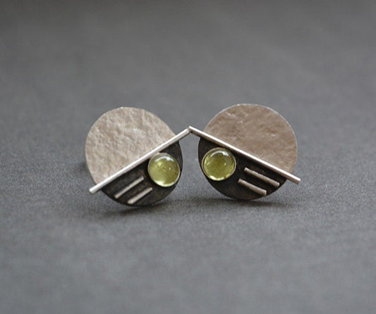 Peridot August birthstone sterling silver disc stud earrings.