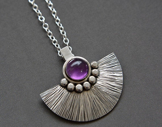 Artisan Amethyst sterling silver fan necklace.