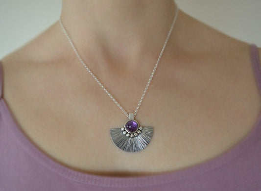 Artisan Amethyst sterling silver fan necklace.
