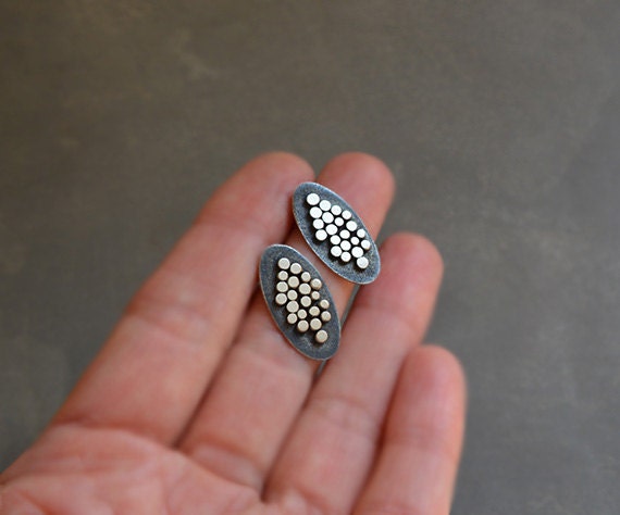 Artisan oxidised oval sterling silver stud earrings.