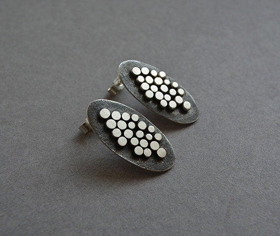 Artisan oxidised oval sterling silver stud earrings.